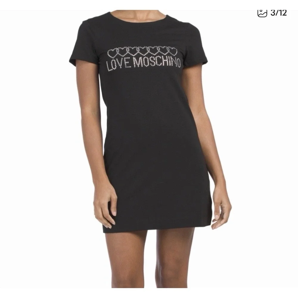 Rare Love Moschino Black 100% Cotton T Shirt Dress With Rhinestone Design US 12